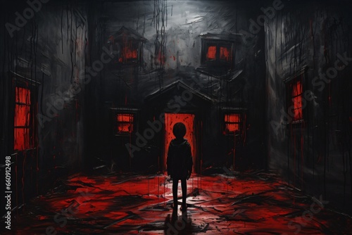 Red and black grunge painting of a child standing in front of a haunted house