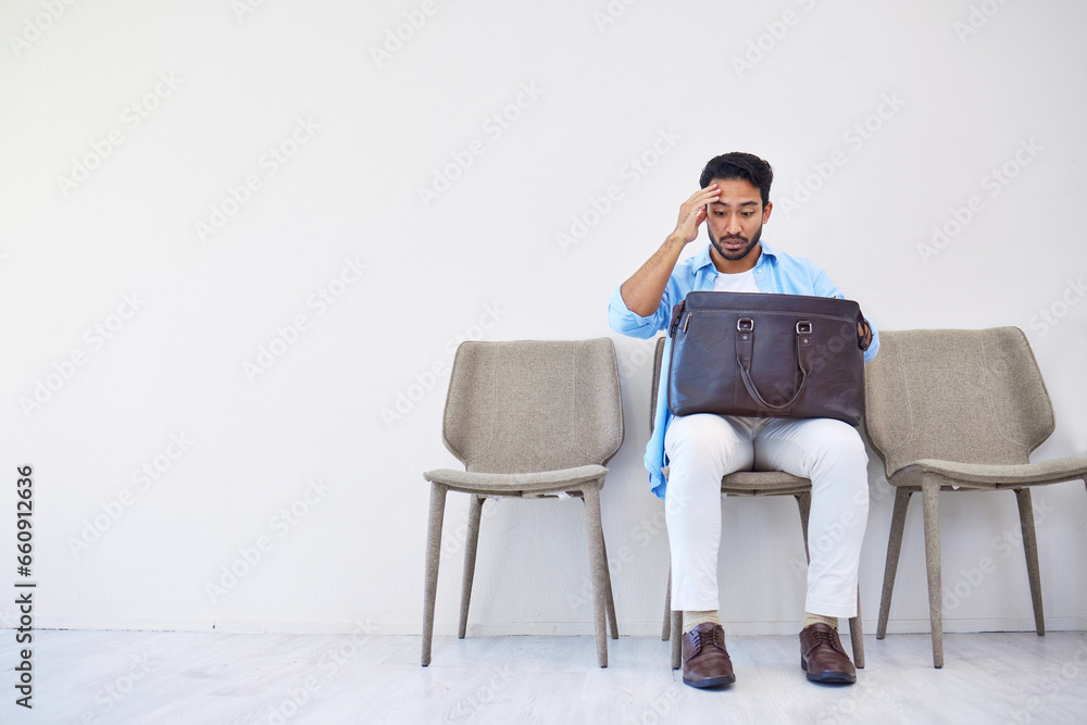 Bag, stress and man search in waiting room for interview, hiring and recruitment with lost resume in briefcase. Problem, finding and person forget laptop or keys by mistake, frustration and worried
