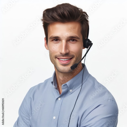 Handsome customer service support operator wearing a headset, isolated on white background