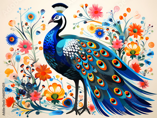 A Peacock With Colorful Feathers And Flowers