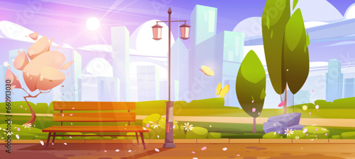 Spring park with cityscape background. Vector cartoon illustration of public garden landscape with bench under lantern and green trees, flowers on lawn, modern urban buildings, sunny sky with clouds