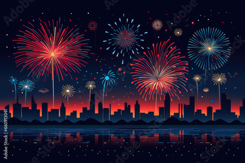 Colorful holiday art piece - a flat style fireworks illustration designed for creative celebration concepts. It's the perfect backdrop for parties and events.