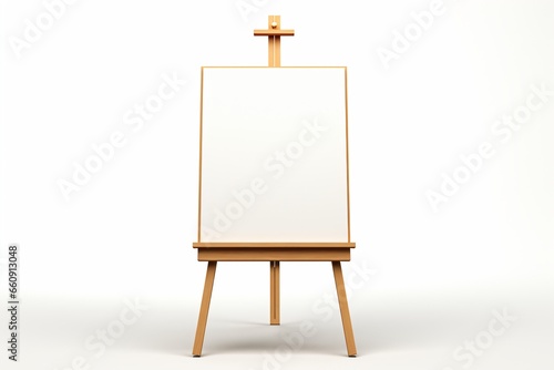 A wooden easel with blank white canvas isolated on a white background photo