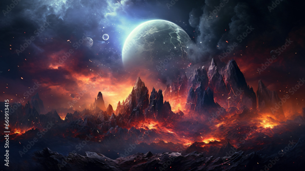 Fantasy landscape of fiery planet