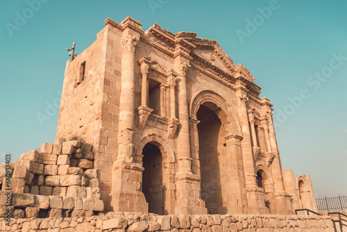 The Arch of Hadrian in Jerash, Jordan is an 11-metre high triple-arched gateway erected to honor the visit of Roman Emperor Hadrian to the city in the winter of 129-130.