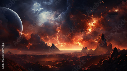 Fantasy landscape of fiery planet
