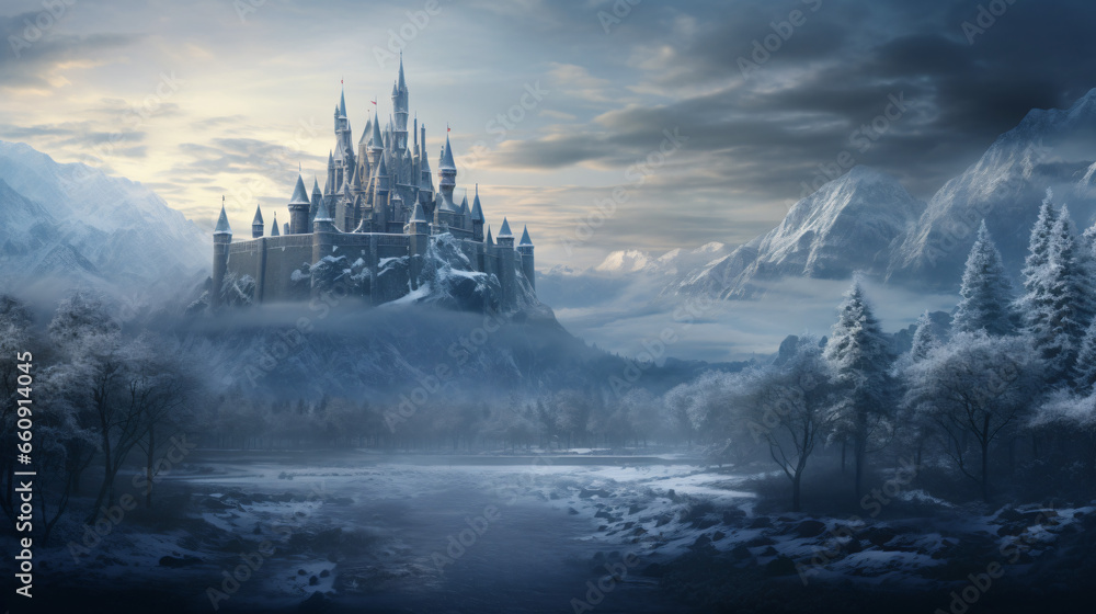 Fantasy winter with foggy castle