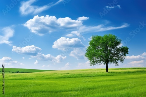 Photo green field tree and blue sky background