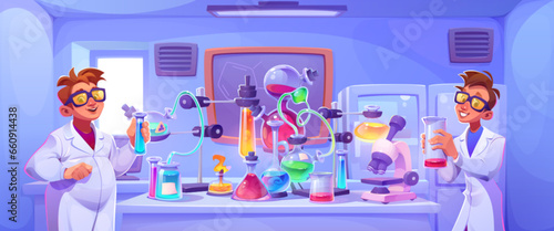 Boy in science chemistry lab for experiment cartoon vector background. Beaker, microscope and glass tube equipment on classroom table. Student character in university laboratory for invention potion