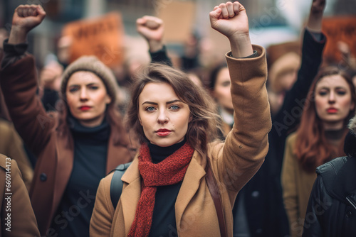 Group of people holding fist in the air and demonstrate for women rights on the street. © FutureStock