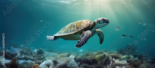 Sea pollution impacts marine environment visible in photo of turtle swimming amidst plastic waste and debris With copyspace for text photo