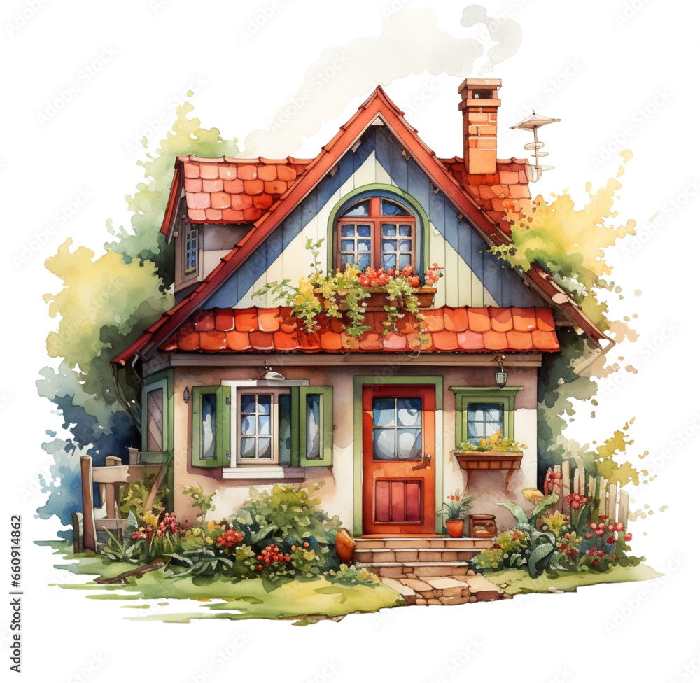 Watercolor orange house with tree illustration. Generative AI, png image