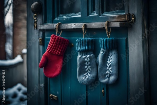 a card with a pair of mittens hanging on a doorknob. photo