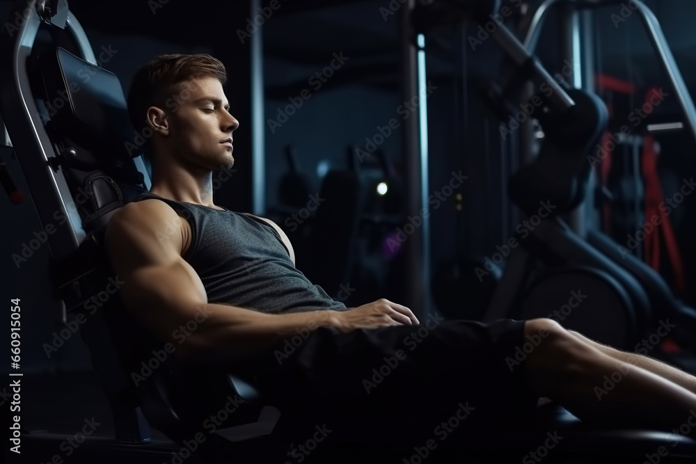 Tired sporty man taking a rest and sleeping on exercise machine at gym. Tired sporty man taking a rest and sleeping on exercise machine at gym.