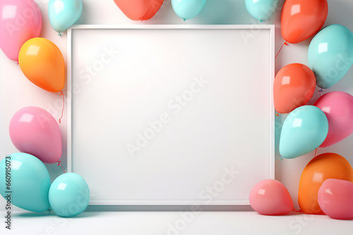 Empty white frame with balloons. Birthday, holiday celebration background, mockup, template. Blank frame surrounded by colorful helium balloons. Party greetings card, poster for anniversary or photo