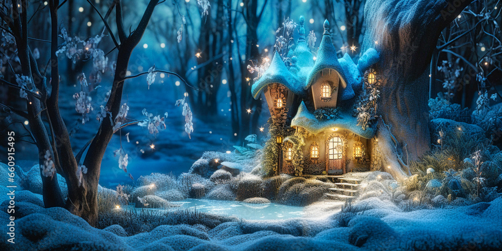 A small fairy tale house in a winter snow covered forest, Christmas background with Miniature cottage