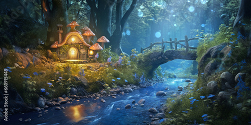A small fairy tale house in dark fantasy forest, illuminated miniature woodland cottage made by gnomes and trolls © andreusK