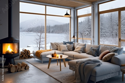 Cozy living room in a beautiful rustic cottage with big windows and views of the lake or river and forest, Scandinavian interior design