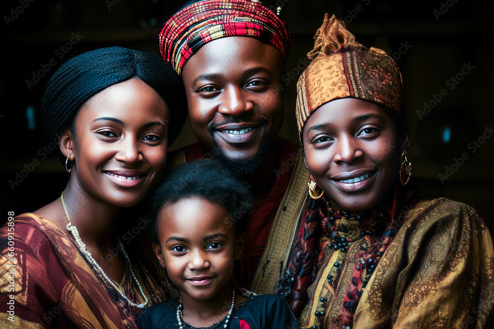 Captivating Kenyan family in traditional attire, symbolizing unity across generations. - obrazy, fototapety, plakaty 