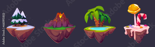 Set of floating islands for game ui isolated on black background. Vector cartoon illustration of flying land pieces with Christmas tree, volcano eruption, palm tree and lake, sweet cream and lollipop