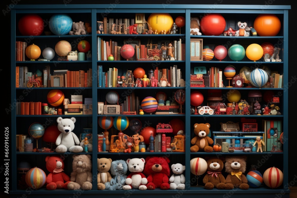 Toy store shelf filled with stuffed animals, board games, and action figures, Generative AI Toy store shelf filled with stuffed animals, board games, and action figures, Generative AI