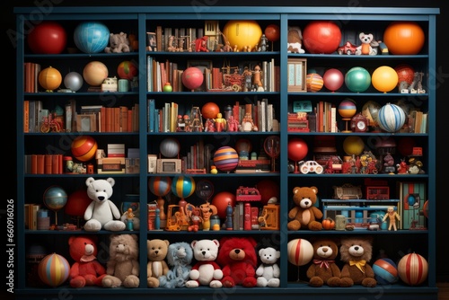 Toy store shelf filled with stuffed animals, board games, and action figures, Generative AI photo