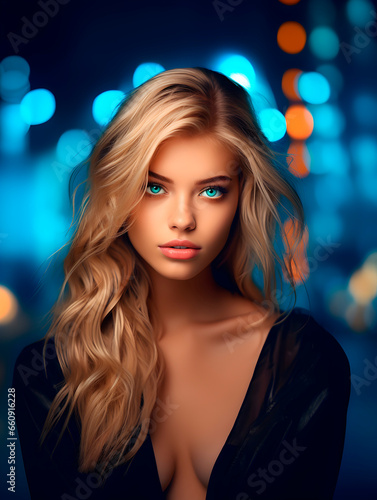 Beautiful blond hair and blue eyes woman model posing on vivid background