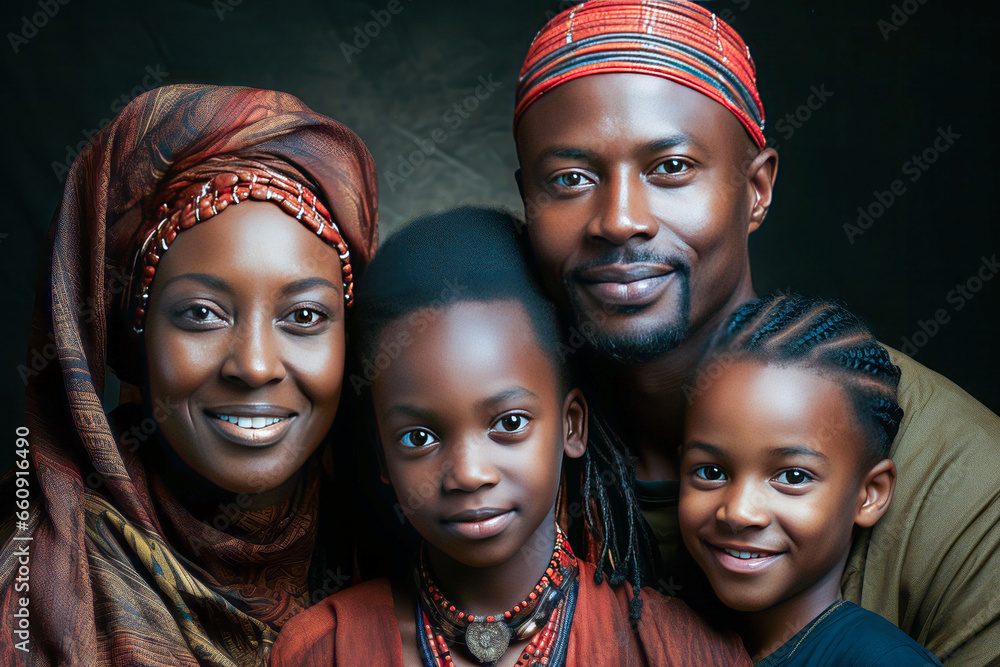 Enchanting Kenyan family with children in traditional attire, expressing unity and generational bonding. - obrazy, fototapety, plakaty 
