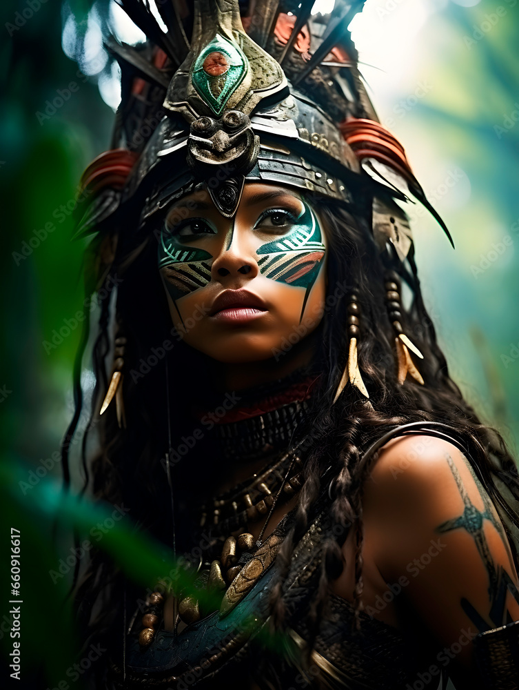 Beautiful woman model poses as a Maya warrior in jungle Beautiful woman model poses as a Maya warrior in jungle