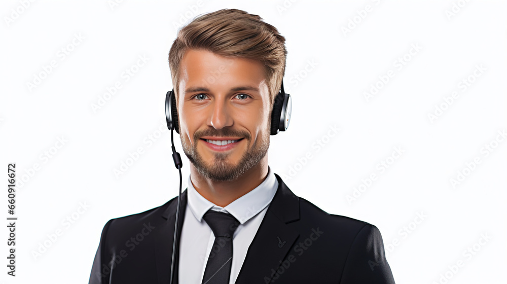 Male customer service representative in headset consulting clients online. Call center agent. Generative AI Male customer service representative in headset consulting clients online. Call center agent. Generative AI