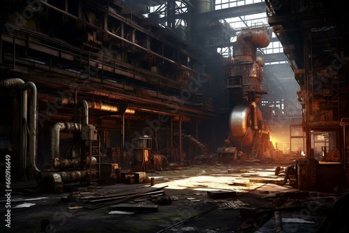 A deteriorated factory with rusty equipment and an atmosphere of desolation. Generative AI photo