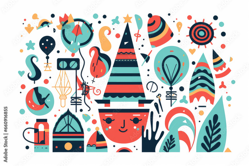 Obraz premium Artistic 2D flat style illustration featuring hand-drawn doodle elements for New Year's celebration. Ideal for holiday-themed projects.