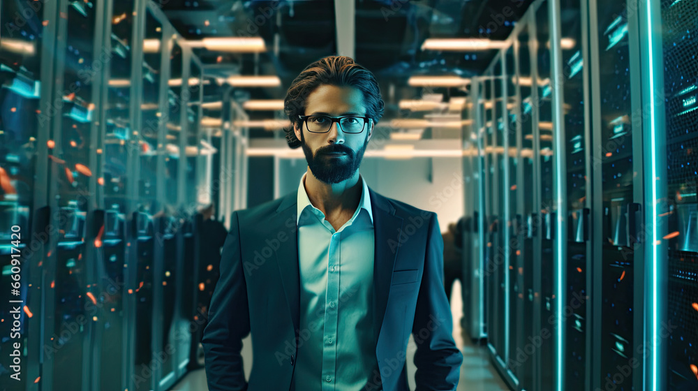 Fototapeta premium Administrator, Data Center Engineer, Young man holding digital tablet standing by supercomputer server cabinets in data center, Data Protection Network for Cyber Security.