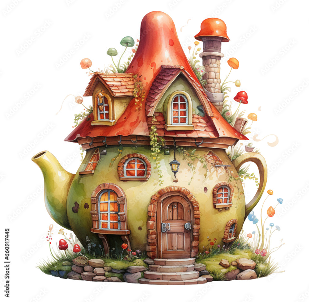 Watercolor teapot house, fairytale house illustration. Generative AI, png image