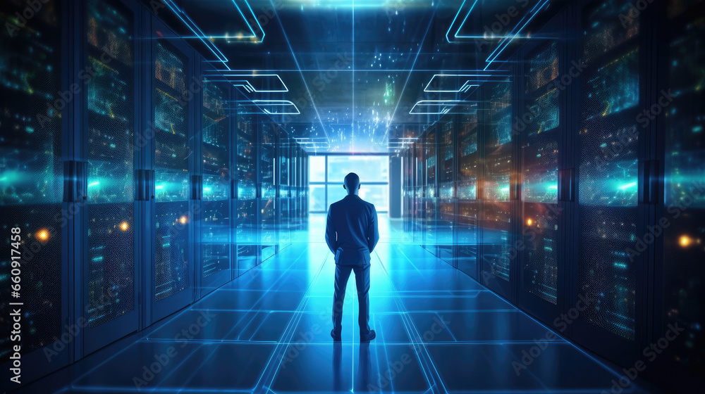 Administrator, Data Center Engineer, Young man holding digital tablet standing by supercomputer server cabinets in data center, Data Protection Network for Cyber Security. Administrator, Data Center Engineer, Young man holding digital tablet standing by supercomputer server cabinets in data center, Data Protection Network for Cyber Security.