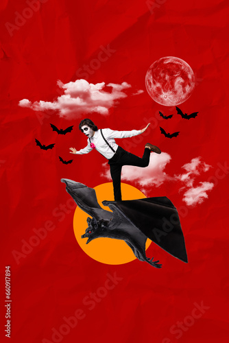 Picture sketch collage image of funny santa muertos fiance flying big bat isolated red color background