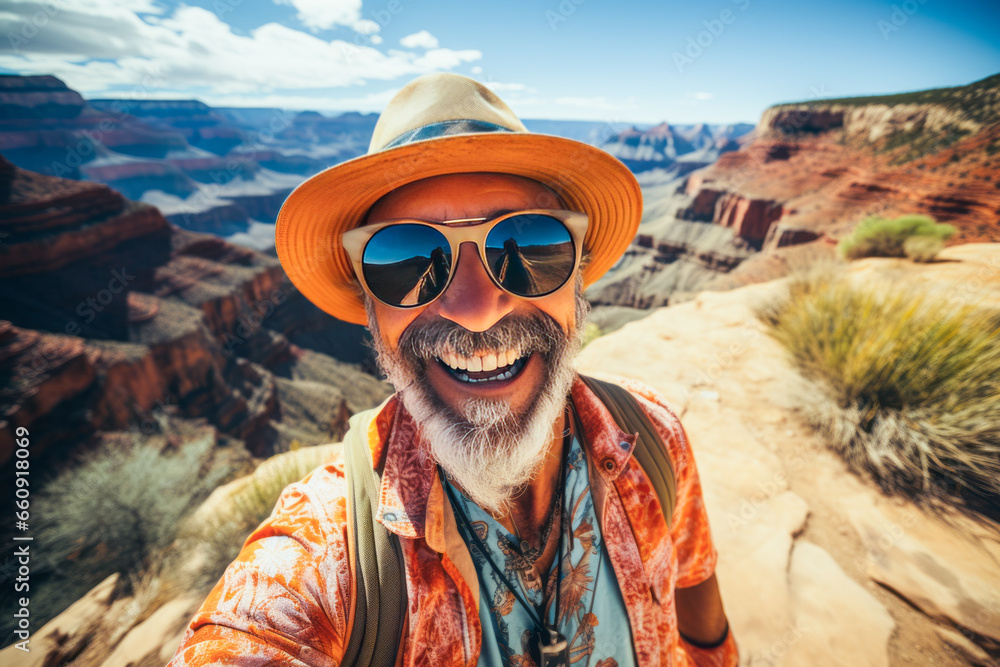 Breathtaking snap of a cheerful male tourist with quirky sunglasses, a hat and canyon scenery enveloped in sunlight.