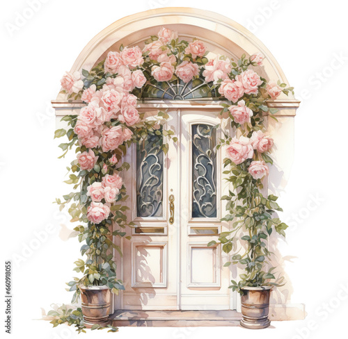 Watercolor vintage door with flowers illustration. Generative AI, png image