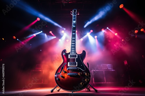 Electric guitar on stage in the rays of spotlights. Rock concert