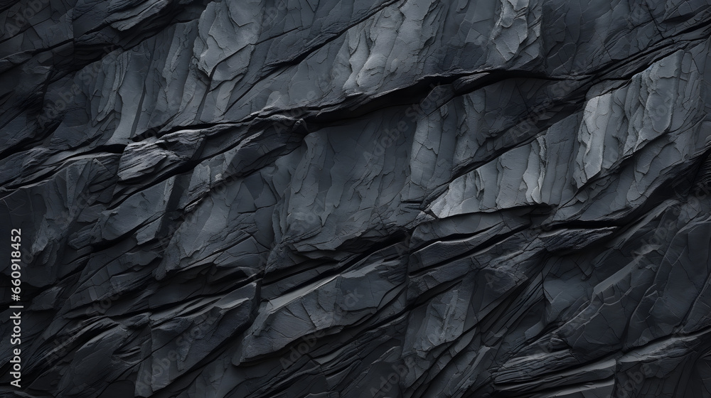 Dark rock texture background. Gray rock slate background.Black rock texture background. Close-up. Dark gray stone basalt background for design. Banner. Wide. Long.  - obrazy, fototapety, plakaty 