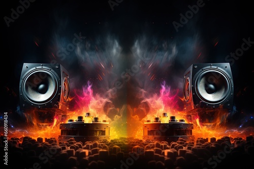 Multimedia acoustic speakers with fire lighting. Sound audio system with sparks the flame