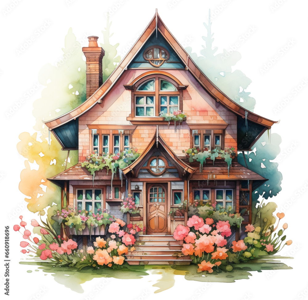 Watercolor vintage cottage with flowers illustration. Generative AI, png image