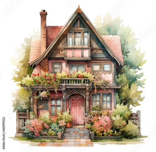Watercolor vintage cottage with flowers illustration. Generative AI  png image