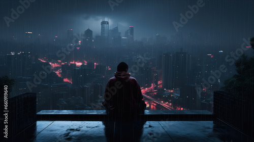 Man sitting in a chair and looking at the night city panorama