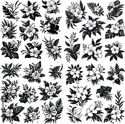 tropical floral leaf flower black and white illustration aloha vector plant Hawaii hibiscus blossom drawing