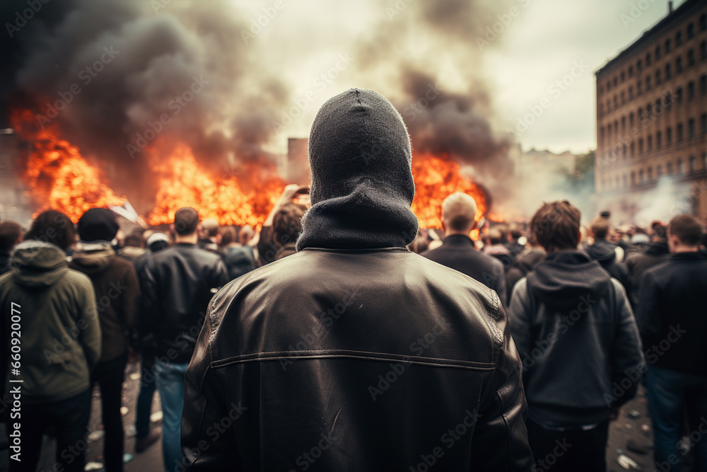 Back of person in protest riot crowd with fire in background Back of person in protest riot crowd with fire in background