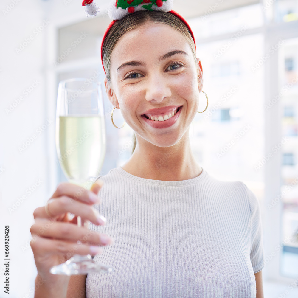 Woman, champagne and portrait in office at Christmas, office party and celebration drink with cheers. Excited girl, xmas and smile with glass for alcohol, sparkling wine or happy at event for holiday Woman, champagne and portrait in office at Christmas, office party and celebration drink with cheers. Excited girl, xmas and smile with glass for alcohol, sparkling wine or happy at event for holiday