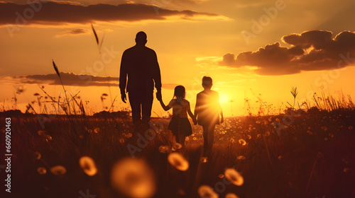 Happy family in silhouette enjoying a meadow walk at sunset - A father carrying two children at sunset time in garden - Generative Ai photo