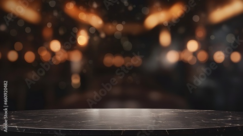 cafe with bokeh lights background, and blurred background of hall of stage bar, wallpaper, an empty dark black marble table  photo