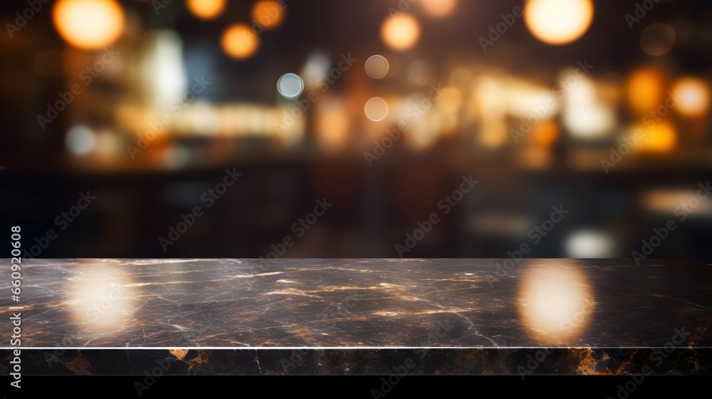 an empty dark black marble table and blurred background of hall of stage bar, cafe with bokeh lights backgroind